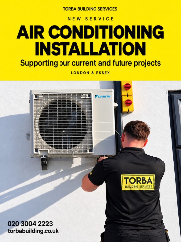 Torba Building Services air conditioning installation in London and Essex, showing an engineer beside a Daikin outdoor unit. Call 0203 0042223.
